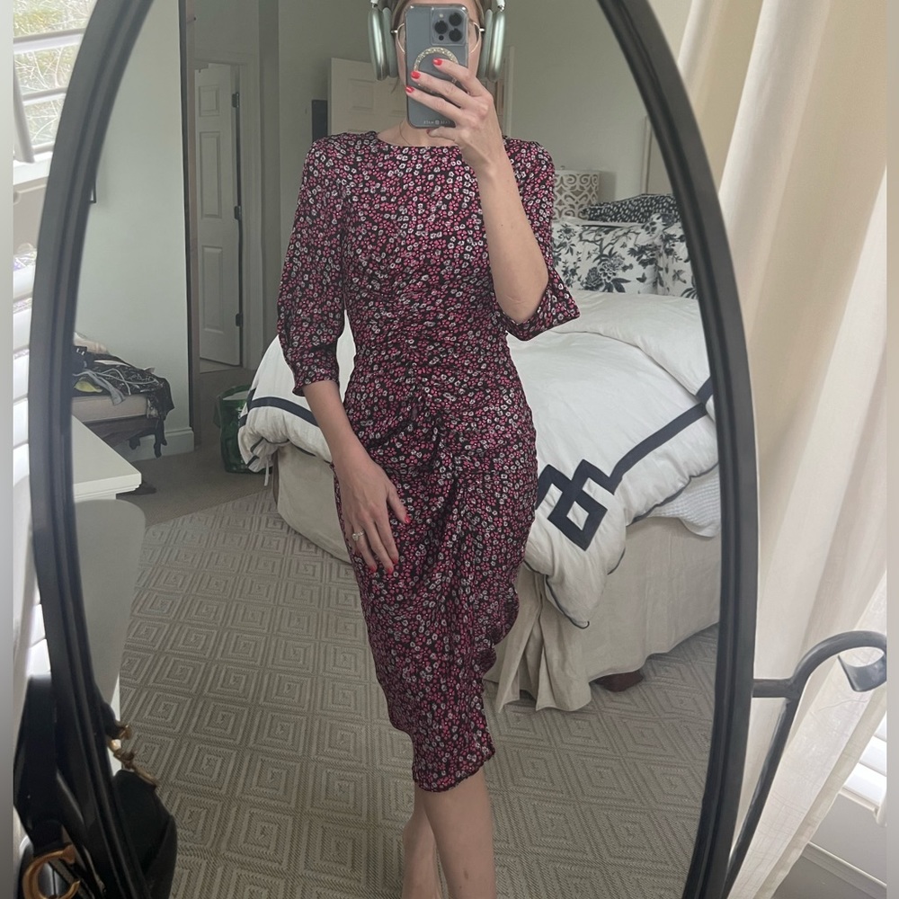 Zara XS Ruched Pink Floral Midi Dress